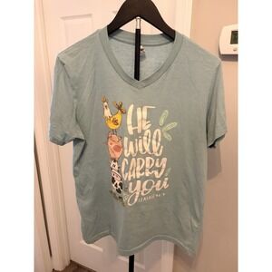 LIF Apparel Women's "He Will Carry You" Isaiah 46:4 Graphic V-Neck T-Shirt L EUC